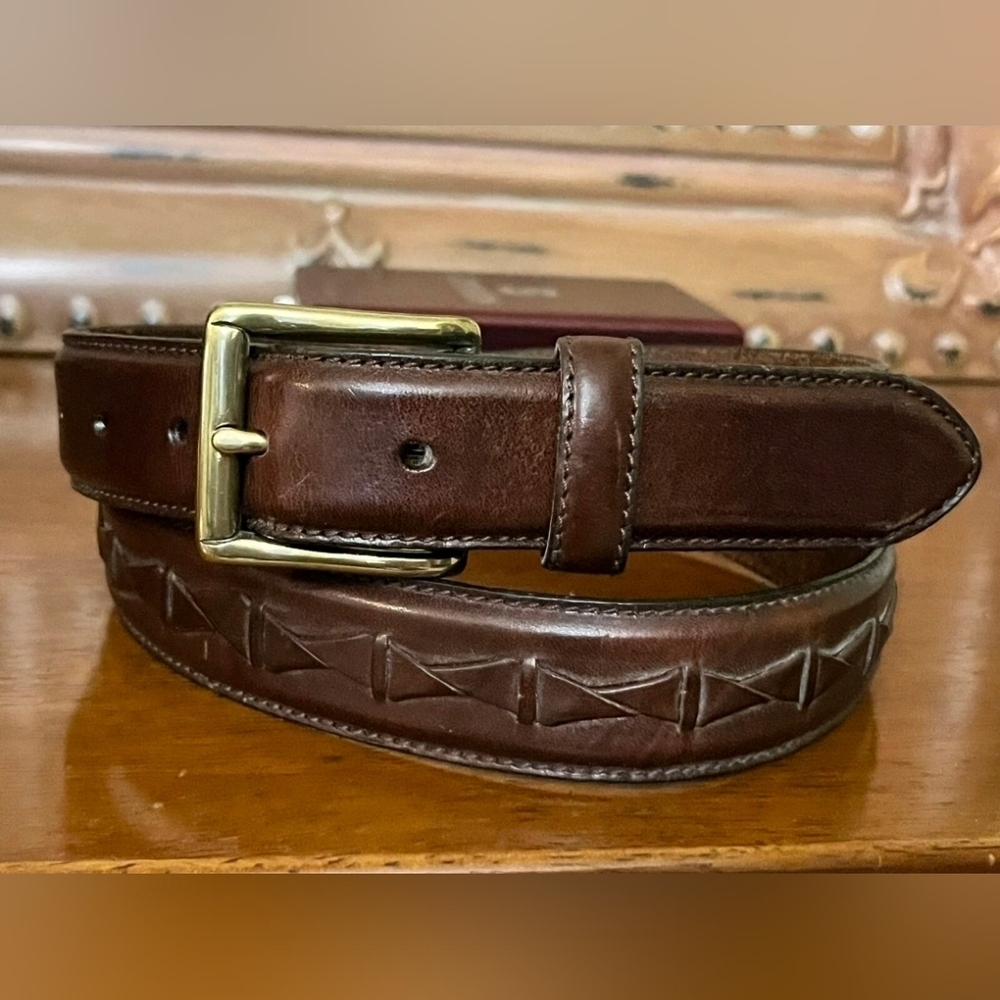 Fossil Men's Brown Woven Leather Belt Brass Basic Classic Western Dress Preowned - Picture 3 of 11